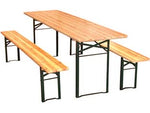 Set tavolo + 2 panche birreria 2 gambe - tavolo cm.120x60x76h. - panche cm.120x25x46h. - struttura pieghevole in acciaio verniciato nero, tavolo e panche con TOP in legno colore pino naturale