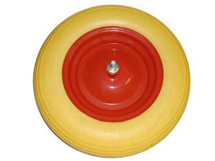 Ruota per carriola pu piena perno mm.12x210 - perno mm.12x210, interasse mm.150 - ø cm.38x8,5, colore giallo 3.50-8 cerchio in metallo verniciato colore rosso, perno filettato in acciaio zincato