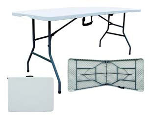 Tavolo birreria pieghevole in hdpe - aperto cm.242x75x74h. - chiuso cm.122x75.5x8.6h. - piano in HDPE cm.3,5, colore bianco, gambe acciaio colore grigio, pieghevole con chiusura a valigetta, maniglia di trasporto