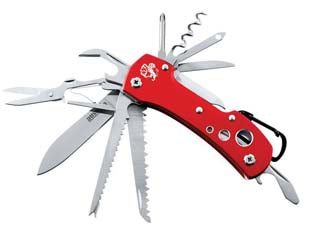 Coltello multiuso 15 funzioni - cm.9,5 - 24132 - lame e inserti in acciaio inox, include: coltello, sega, squama pesce, dispositivo di rimozione gancio, apriscatole, forbici,...