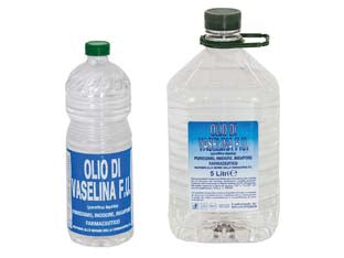 Olio enologico di vaselina farmaceutico f.u. - lt.5 in flacone - inodore, incolore, insapore, rispondenza alle norme di purezza della farmacopea ufficiale Italiana (FU) e ai saggi per contat...